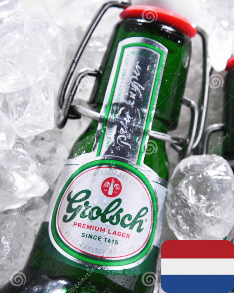Grolsch, lager premium conocida en más de 70 países por su especial calidad. Graduación alcohólica: 5%.